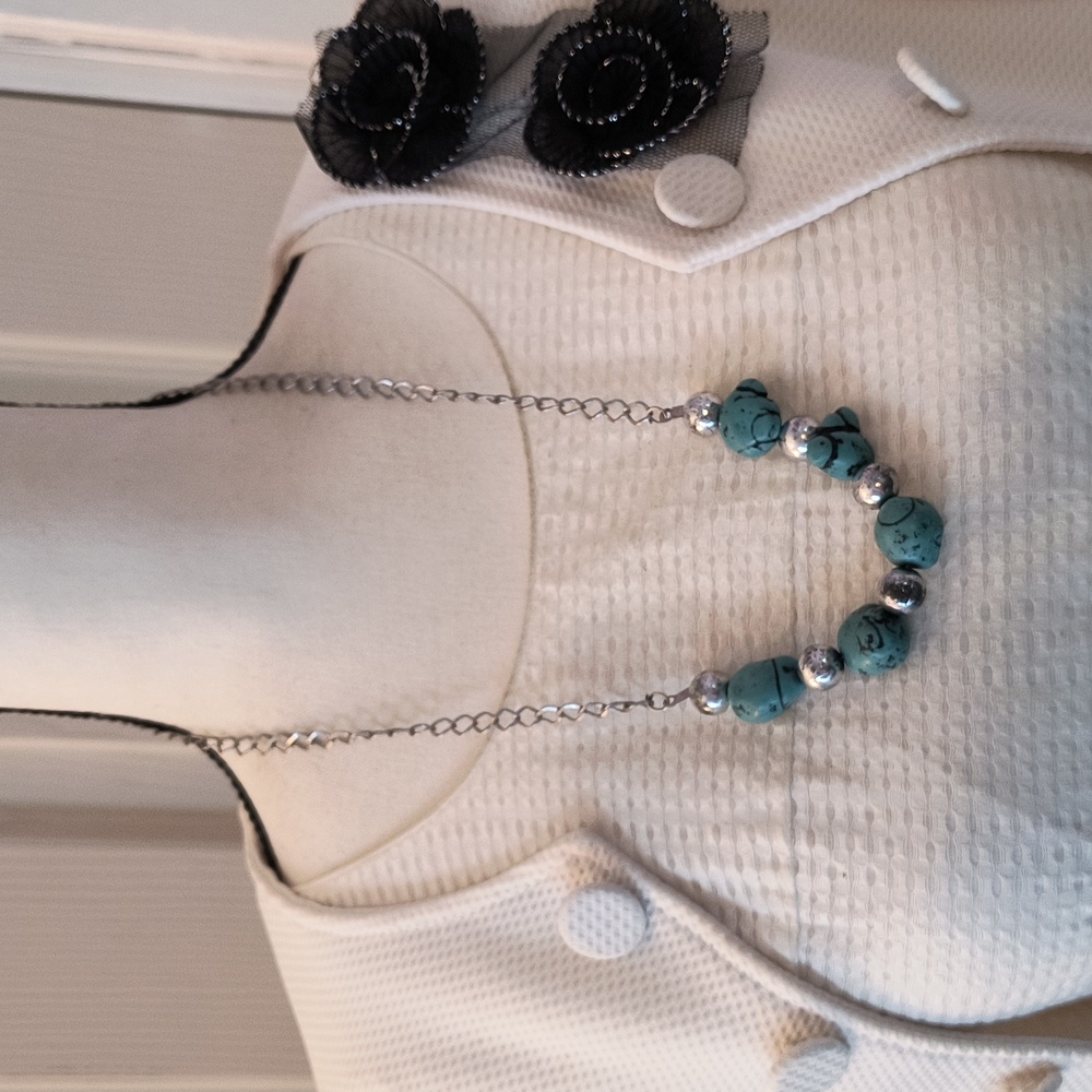 Silver Toned Necklace with Large Faux Turquoise Stone Beads